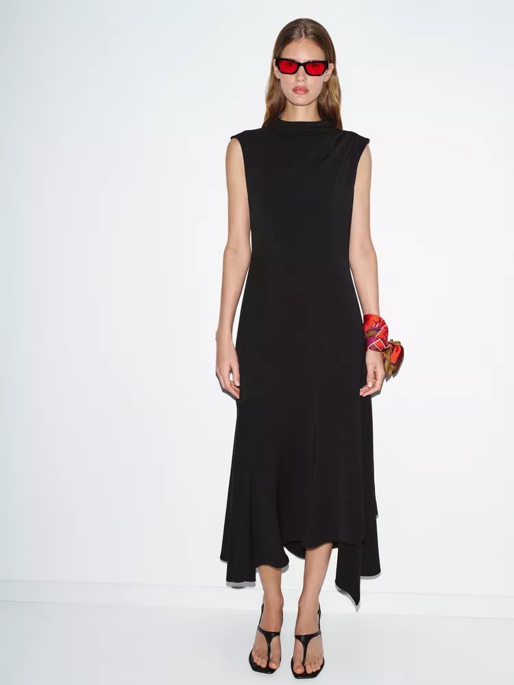 Zara Black Sleeveless Asymmetrical Midi Dress Minimalist